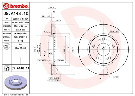 Brembo 09.A148.10 - Гальмівний диск autozip.com.ua