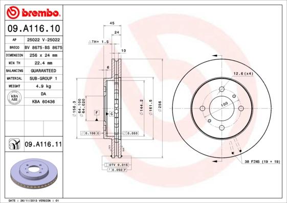 Brembo 09.A116.10 - Гальмівний диск autozip.com.ua
