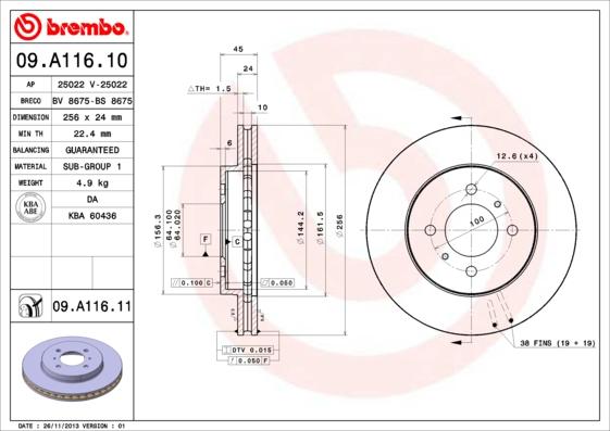 Brembo 09.A116.11 - Гальмівний диск autozip.com.ua