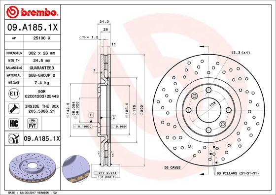 Brembo 09.A185.1X - Гальмівний диск autozip.com.ua
