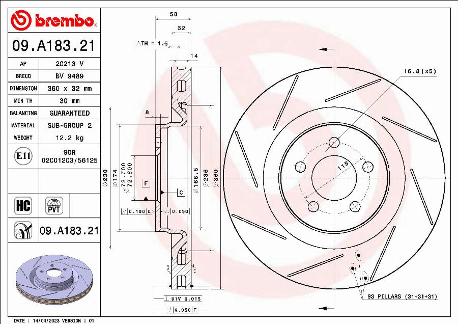 Brembo 09.A183.21 - Гальмівний диск autozip.com.ua