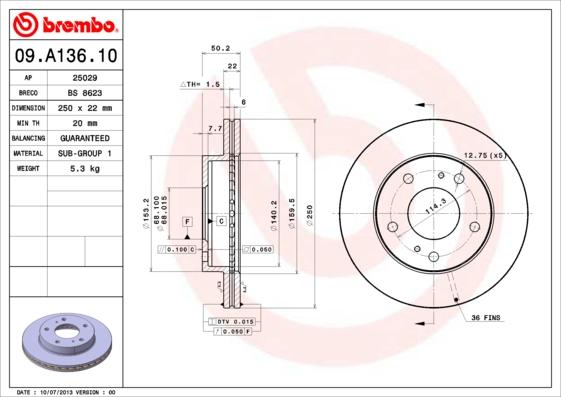 Brembo 09.A136.10 - Гальмівний диск autozip.com.ua