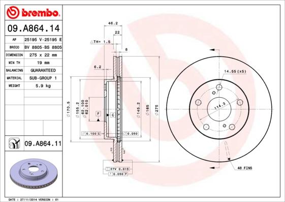 Brembo 09.A864.14 - Гальмівний диск autozip.com.ua