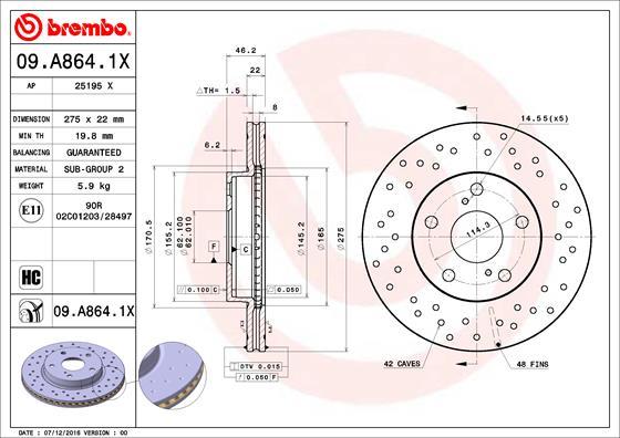 Brembo 09.A864.1X - Гальмівний диск autozip.com.ua