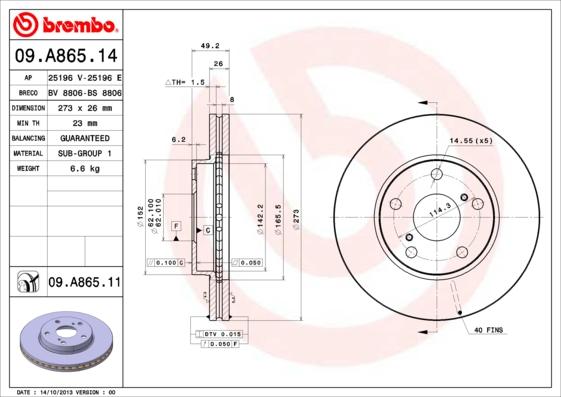 Brembo 09.A865.14 - Гальмівний диск autozip.com.ua