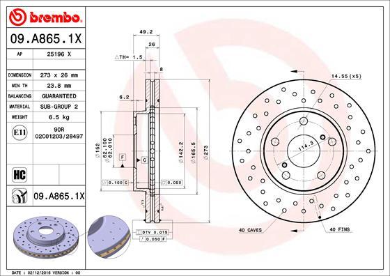 Brembo 09.A865.1X - Гальмівний диск autozip.com.ua