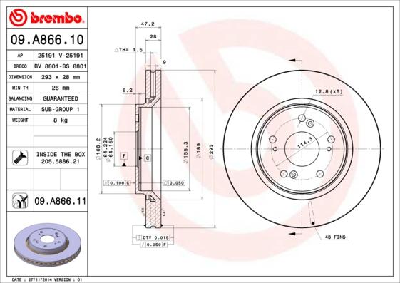 Brembo 09.A866.10 - Гальмівний диск autozip.com.ua