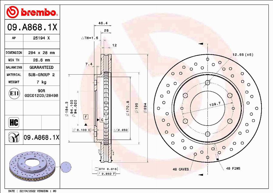 Brembo 09.A868.1X - Гальмівний диск autozip.com.ua
