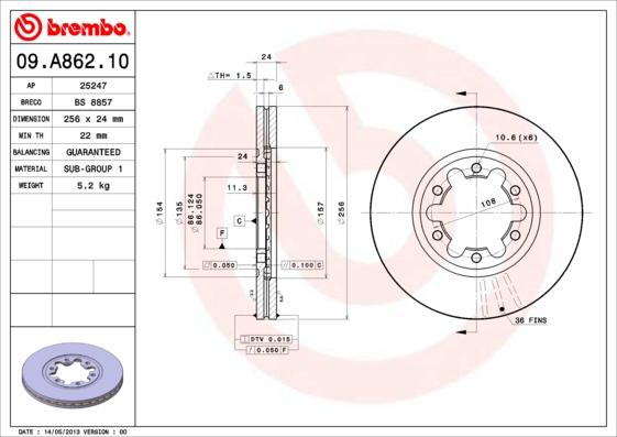Brembo 09.A862.10 - Гальмівний диск autozip.com.ua