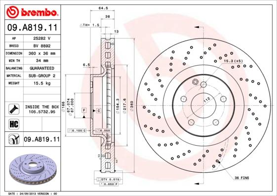 Brembo 09.A819.11 - Гальмівний диск autozip.com.ua