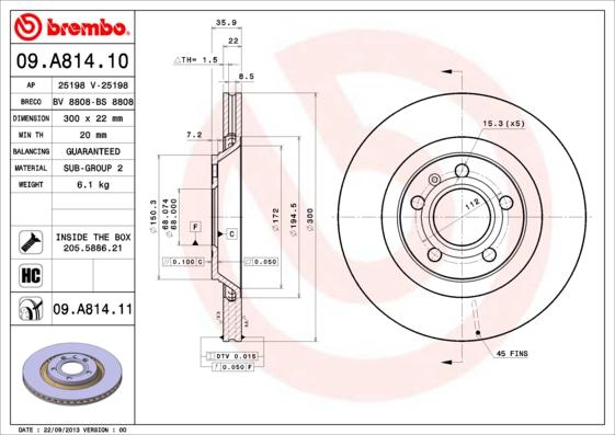 Brembo 09.A814.11 - Гальмівний диск autozip.com.ua