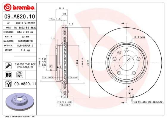 Brembo 09.A820.10 - Гальмівний диск autozip.com.ua