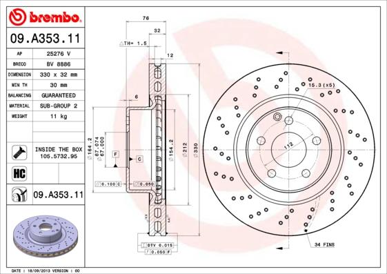 Brembo 09.A353.11 - Гальмівний диск autozip.com.ua