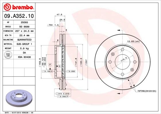 Brembo 09.A352.10 - Гальмівний диск autozip.com.ua