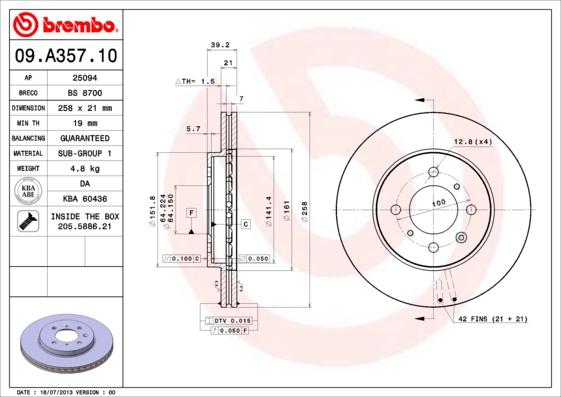 Brembo 09.A357.10 - Гальмівний диск autozip.com.ua