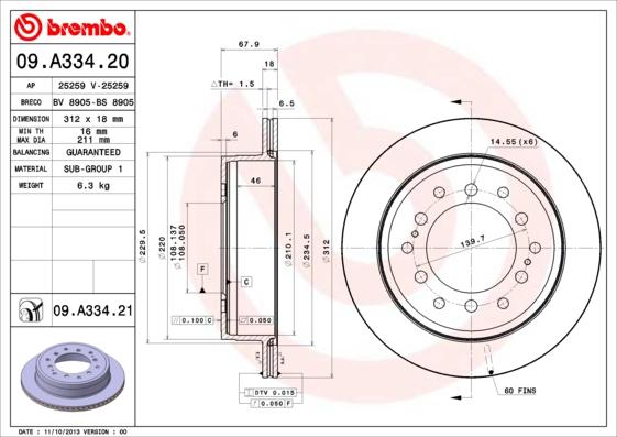 Brembo 09.A334.21 - Гальмівний диск autozip.com.ua