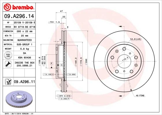 Brembo 09.A296.11 - Гальмівний диск autozip.com.ua