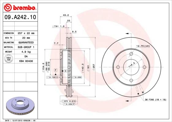 Brembo 09.A242.10 - Гальмівний диск autozip.com.ua