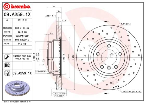 Brembo 09.A259.1X - Гальмівний диск autozip.com.ua