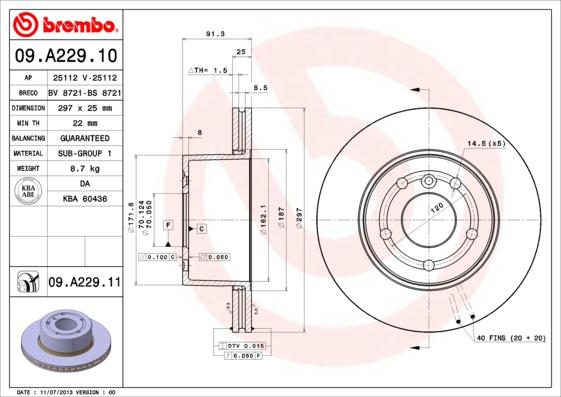 Brembo 09.A229.11 - Гальмівний диск autozip.com.ua