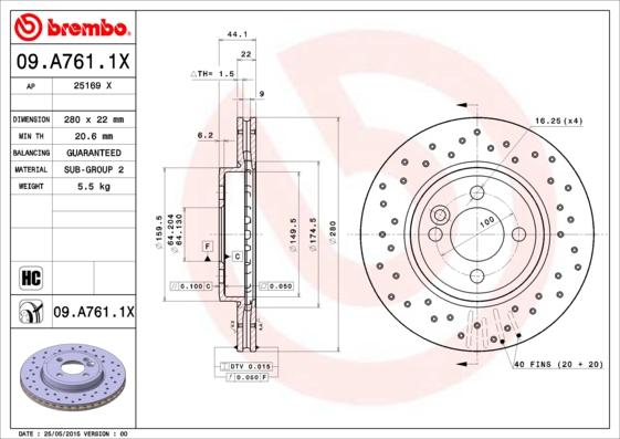 Brembo 09.A761.1X - Гальмівний диск autozip.com.ua