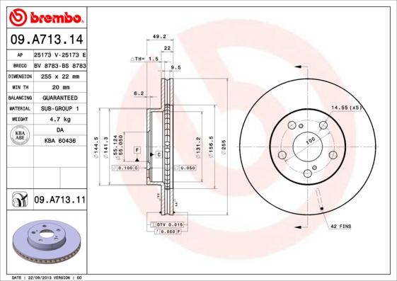 Brembo 09.A713.14 - Гальмівний диск autozip.com.ua