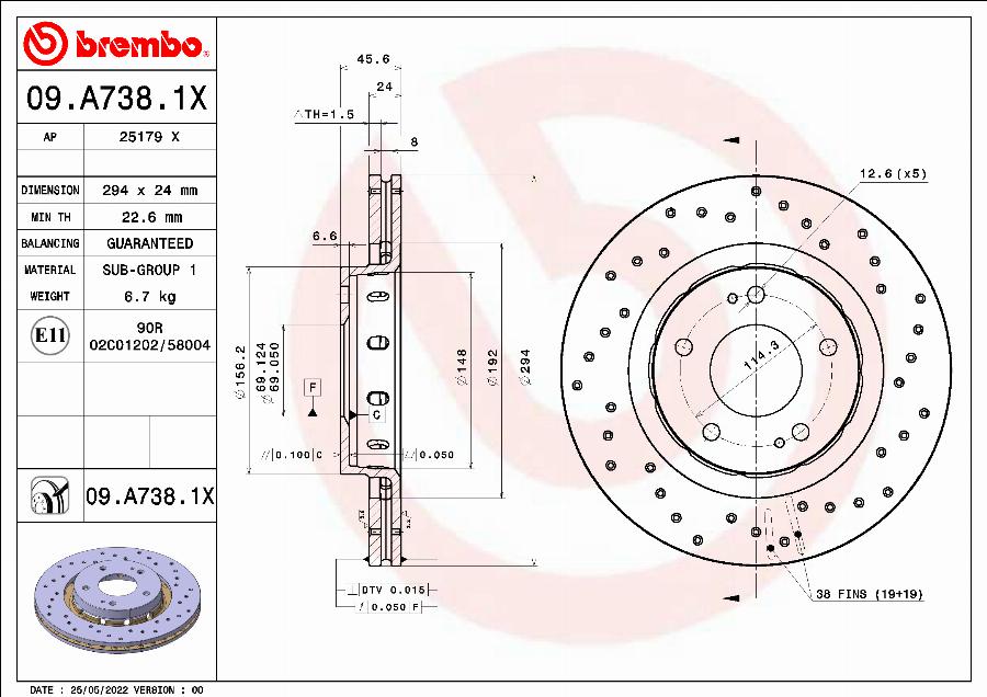 Brembo 09.A738.1X - Гальмівний диск autozip.com.ua