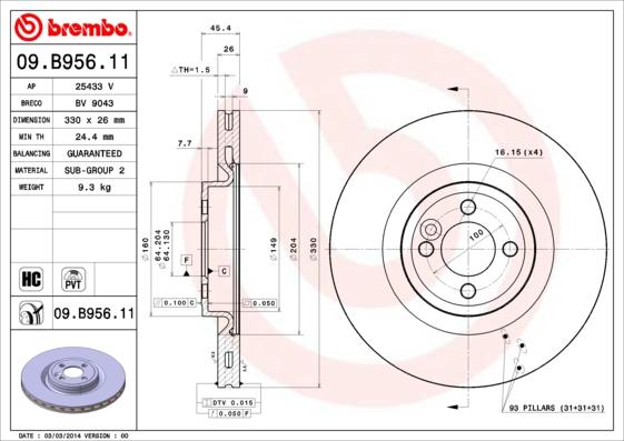 Brembo 09.B956.11 - Гальмівний диск autozip.com.ua