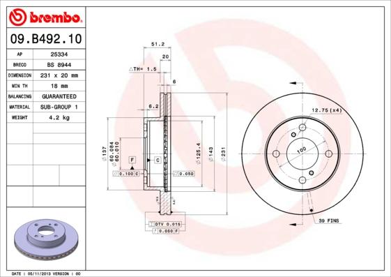 Brembo 09.B492.10 - Гальмівний диск autozip.com.ua