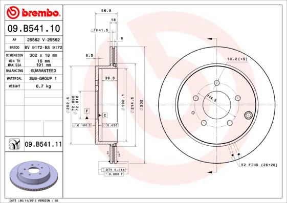 Brembo 09.B541.11 - Гальмівний диск autozip.com.ua