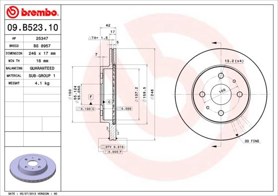 Brembo 09.B523.10 - Гальмівний диск autozip.com.ua