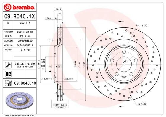 Brembo 09.B040.1X - Гальмівний диск autozip.com.ua