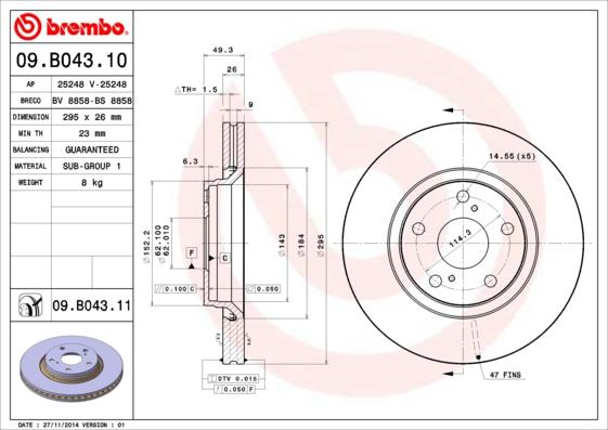Brembo 09.B043.10 - Гальмівний диск autozip.com.ua