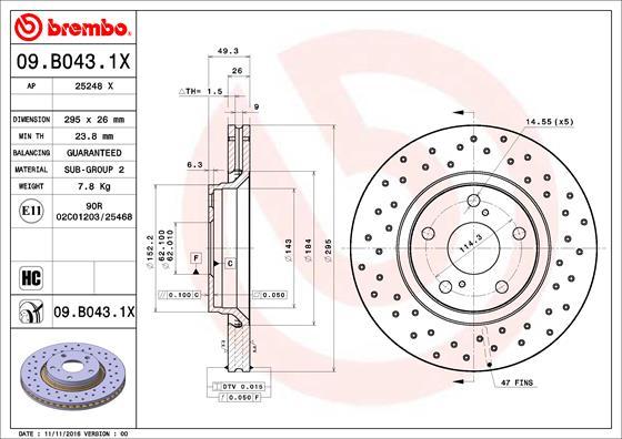Brembo 09.B043.1X - Гальмівний диск autozip.com.ua