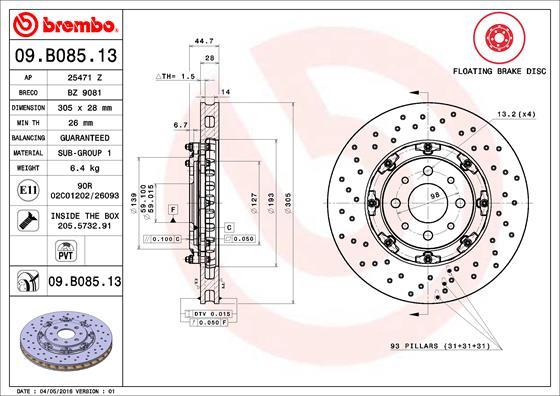 Brembo 09.B085.13 - Гальмівний диск autozip.com.ua