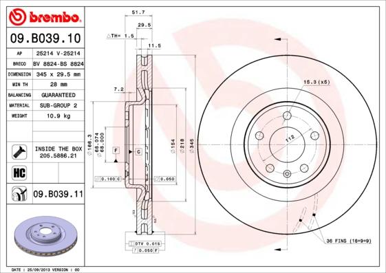 Brembo 09.B039.11 - Гальмівний диск autozip.com.ua