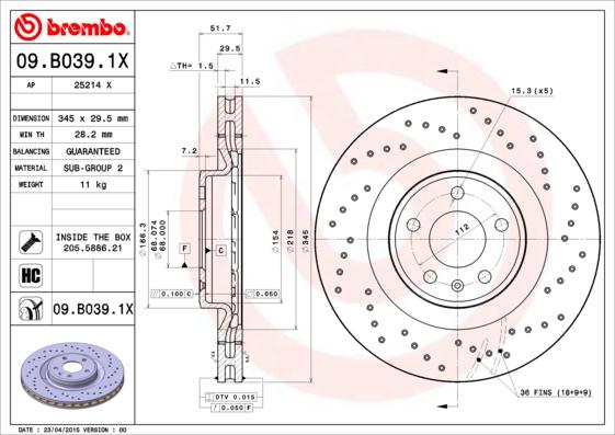 Brembo 09.B039.1X - Гальмівний диск autozip.com.ua