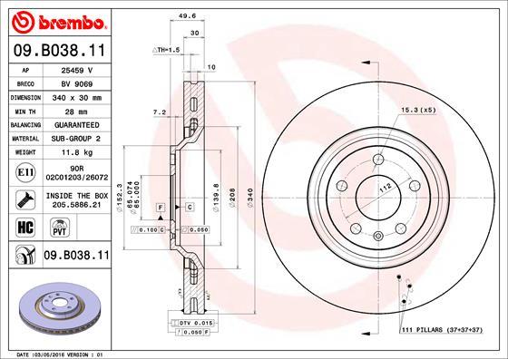 Brembo 09.B038.11 - Гальмівний диск autozip.com.ua
