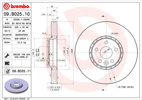 Brembo 09.B025.10 - Гальмівний диск autozip.com.ua