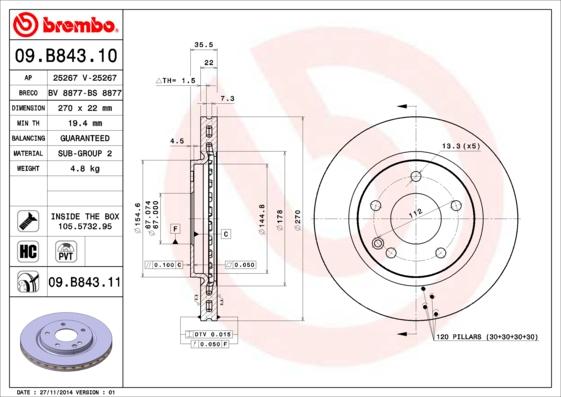 Brembo 09.B843.10 - Гальмівний диск autozip.com.ua
