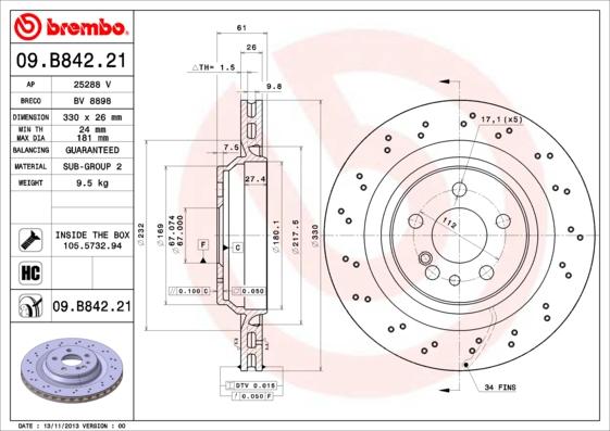 Brembo 09.B842.21 - Гальмівний диск autozip.com.ua