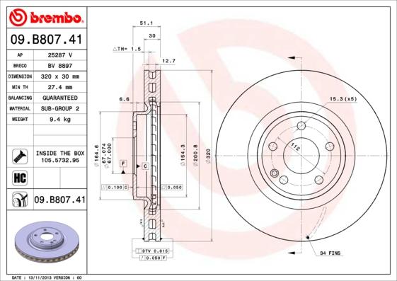 Brembo 09.B807.41 - Гальмівний диск autozip.com.ua