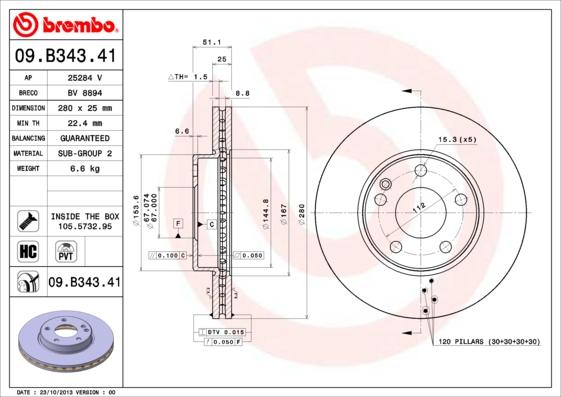 Brembo 09.B343.41 - Гальмівний диск autozip.com.ua
