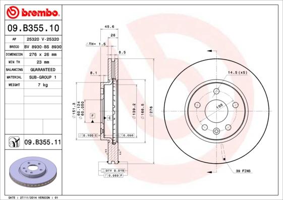 Brembo 09.B355.10 - Гальмівний диск autozip.com.ua