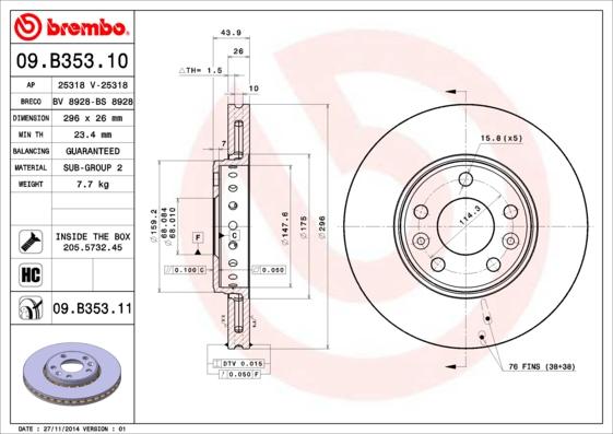 Brembo 09.B353.11 - Гальмівний диск autozip.com.ua