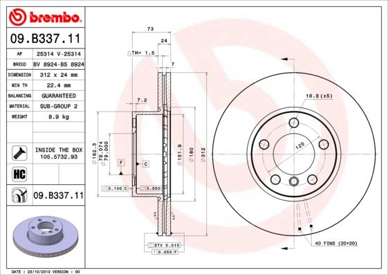 Brembo 09.B337.11 - Гальмівний диск autozip.com.ua