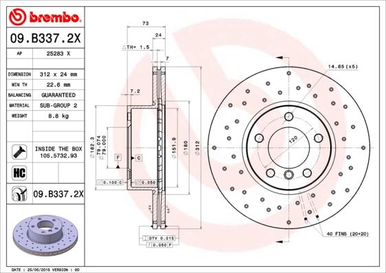 Brembo 09.B337.2X - Гальмівний диск autozip.com.ua