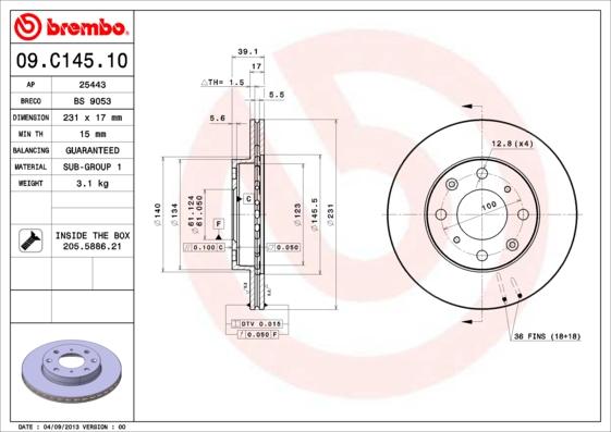 Brembo 09.C145.10 - Гальмівний диск autozip.com.ua