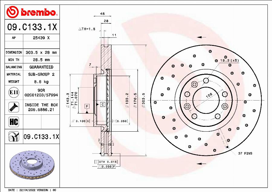 Brembo 09.C133.1X - Гальмівний диск autozip.com.ua