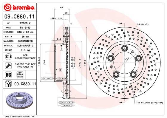 Brembo 09.C880.11 - Диск гальмівний передн. лів. PORSCHE 911-Boxster 97-13 autozip.com.ua